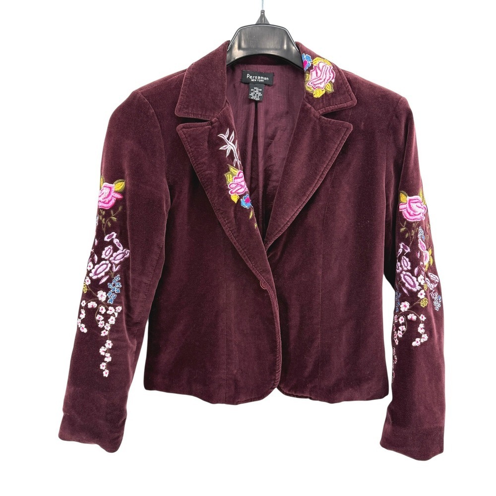 Persaman Velvet Embroidered Blazer‎ Burgundy Floral Boho Pre-Owned Womens Small